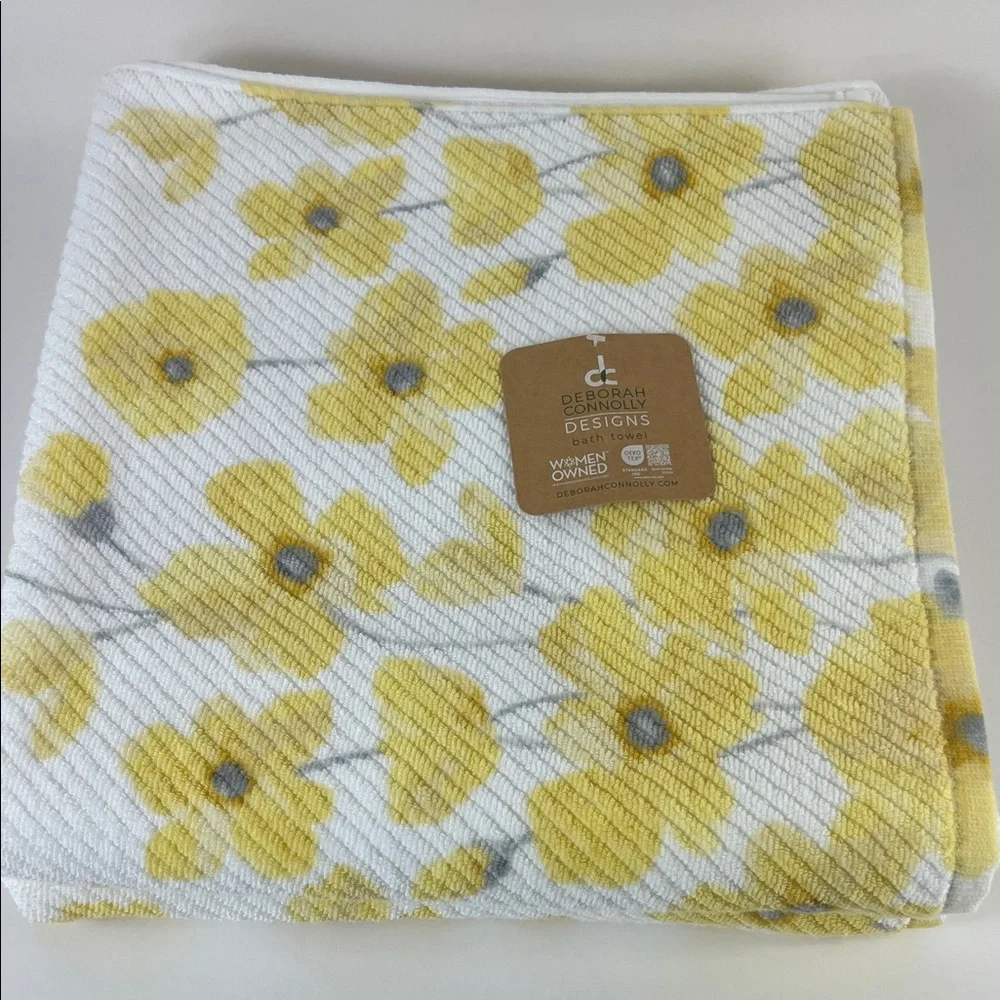 Deborah Connolly Bath Towels Yellow White Floral Soft 100% Cotton Set of 2 NEW